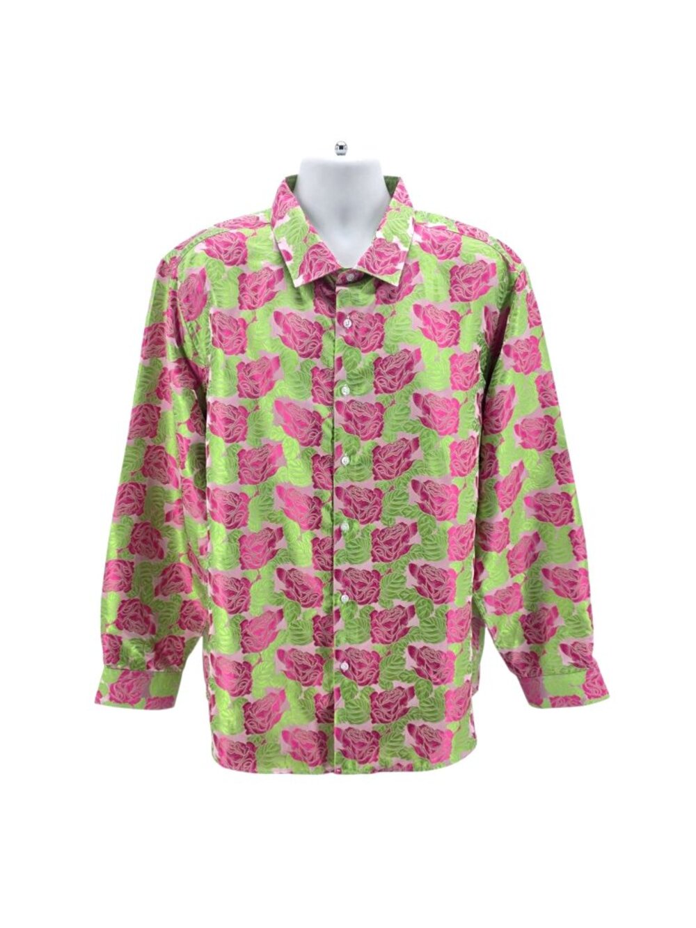 Barry Wang Mens XXL Shirt Silk Roses Floral Metallic Pink Green Button Party
